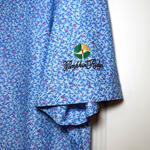 Peter Millar Summer Comfort Golf Polo Hummingbirds Print SZ L Pumpkin Ridge Logo - Picture 6 of 6